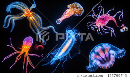 Bioluminescent deep sea creatures. 125799743