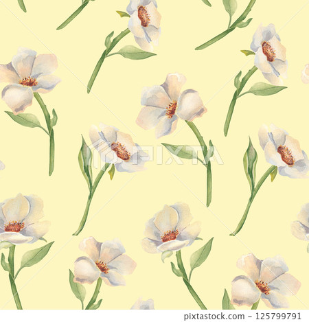 Seamless floral pattern of ivory peonies, anemones on stems and soft green leaves watercolor hand painted. Botanical repeat background for wedding stationery, fabric prints, and feminine designs. 125799791