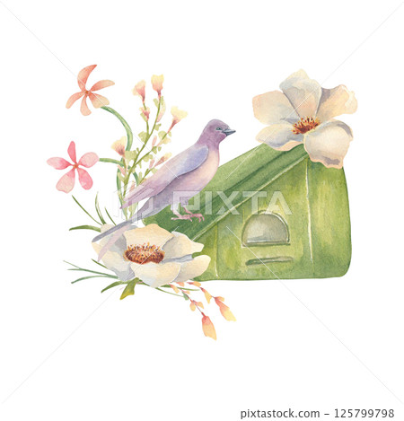 Watercolor birdhouse with soft creamy anemone and swallow isolated on white. Hand painted delicate pink wildflowers and bird in rustic style for greeting cards, children illustration, scrapbooking. Watercolor birdhouse with soft creamy anemone and swallow isolated on white. Hand painted delicate pink wildflowers and bird in rustic style for greeting cards, children illustration, scrapbooking. 125799798