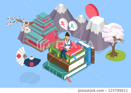3D Isometric Flat Vector Illustration of Language School, Japanese Learning Course 3D Isometric Flat Vector Illustration of Language School, Japanese Learning Course 125799811