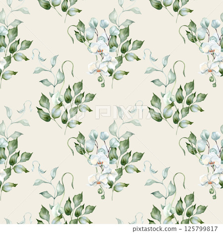 Elegant seamless pattern of white flowers, eucalyptus leaves, and holly sprigs isolated. Wavy branches and floral elements in soft watercolor tones repeated texture for design textiles and paper. Elegant seamless pattern of white flowers, eucalyptus leaves, and holly sprigs isolated. Wavy branches and floral elements in soft watercolor tones repeated texture for design textiles and paper. 125799817