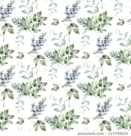Botanical seamless pattern of watercolor greenery with holly, juniper, coniferous branches isolated. Delicate vines and leaves hand drawn in dusty green. Texture for designs textiles, wrapping paper. 125799820