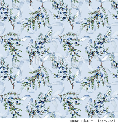 Watercolor juniper twigs, berries and blue ribbons seamless background. Delicate evergreen conifer repeated pattern for textile, wrapping paper, and botanical decor. Hand drawn nature plants design. 125799821