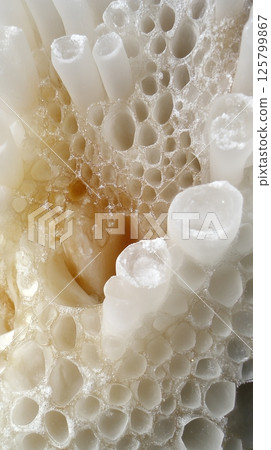 Close up of a white porous material with tube like structures and small round openings all around it 125799867