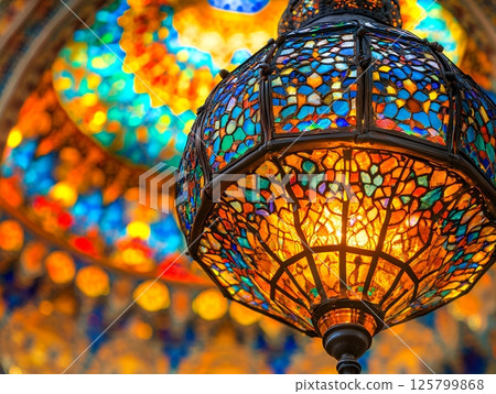 Ornate stained glass lantern hanging with colorful mosaic ceiling in the background indoors view 125799868