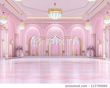 Ornate pink ballroom with arched doorways and chandelier lighting for a formal event space Ornate pink ballroom with arched doorways and chandelier lighting for a formal event space 125799960