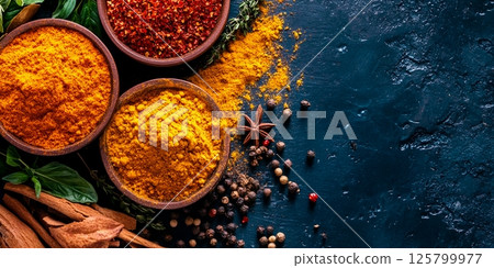 Overhead shot of spices in wooden bowls with cinnamon sticks and star anise on a dark surface 125799977