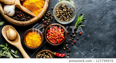 A close up shot of various spices and herbs in wooden bowls on a dark textured surface above view style 125799978