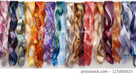 Assorted colorful decorative ribbons hanging from a bar creating a festive and vibrant display 125800023