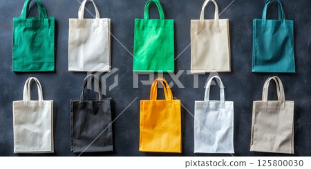 An overhead view of a collection of shopping bags in various colors arranged on a dark surface An overhead view of a collection of shopping bags in various colors arranged on a dark surface 125800030