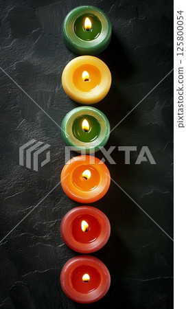 A vertical arrangement of colorful lit wax lights on a dark textured surface from a top down view 125800054