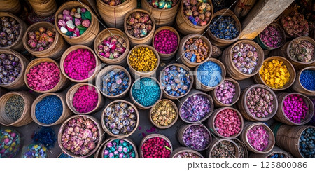 Overhead shot of baskets filled with colorful spices and flowers in a market setting outdoors 125800086