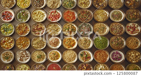 Overhead shot of many small bowls filled with various types of food preparations on a brown surface 125800087