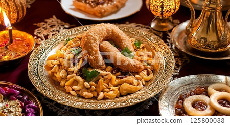 A golden plate filled with nuts and fried pastries surrounded by other dishes and a candle lit lamp 125800088