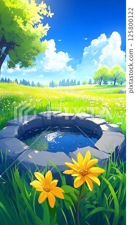 A stone well in a field of flowers with a blue sky and white clouds on a sunny day in a meadow A stone well in a field of flowers with a blue sky and white clouds on a sunny day in a meadow 125800122