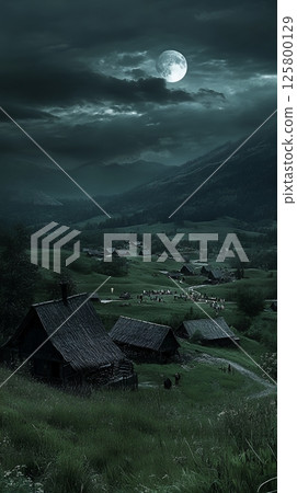 A night scene showing a village landscape with a bright moon and dark clouds over the mountains 125800129