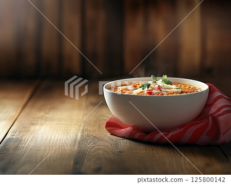 A bowl of lentil soup with parsley and cheese on a red napkin on a wooden table surface top view 125800142
