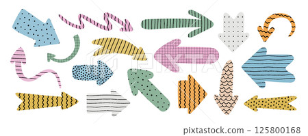 Hand drawn abstract arrow shapes with soft brush lines and patterns. Vector design perfect for modern elements, navigation icons, playful layouts, retro graphics, and creative design projects Hand drawn abstract arrow shapes with soft brush lines and patterns. Vector design perfect for modern elements, navigation icons, playful layouts, retro graphics, and creative design projects 125800168