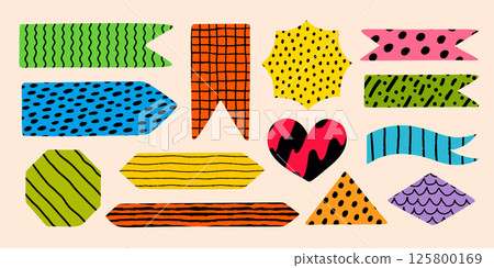 Note shape and abstract sticker collection with playful patterns. Torn paper element for memo, bookmark, diary, or notebook design. Fun vector set perfect for creative projects and packaging 125800169