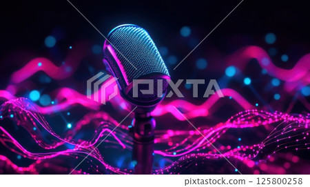Retro microphone on vibrant neon waves. 125800258