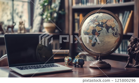 Laptop, globe, and books on a wooden desk in a study. 125800296