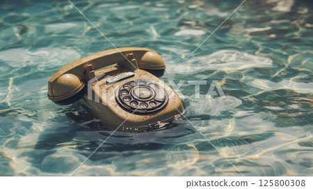 Old rotary phone submerged in pool water. 125800308