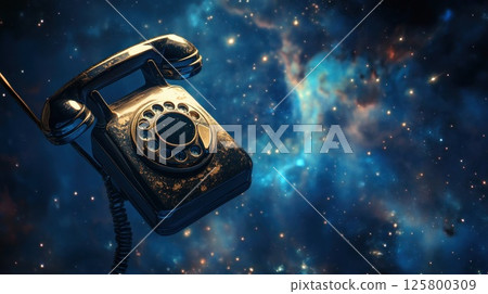 Antique phone floats in space, cosmic background. 125800309