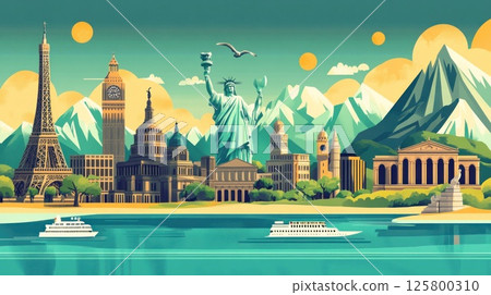 Iconic landmarks, mountains, and cruise ships on a scenic waterfront. 125800310