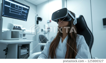 Woman using VR headset in medical setting. 125800327