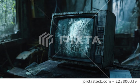 Abandoned, dusty old TV in derelict room. 125800339