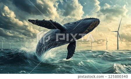 Humpback whale breaching ocean waves near offshore wind turbines at sunset. 125800340