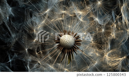 Close-up of dandelion seed head, intricate detail, delicate seeds. 125800343