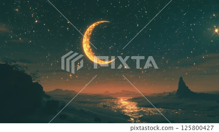 Golden crescent moon shining brightly in the night sky over a serene landscape with stars visible 125800427