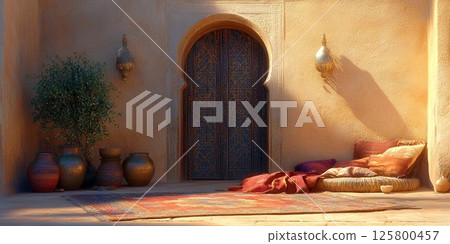 A moroccan courtyard with a rug, pillows, pots, a plant, and an arched wooden door in the background 125800457