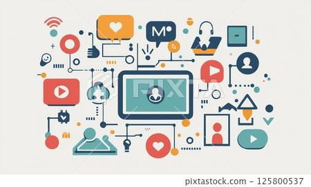 Digital marketing, social media, and online communication network concept illustration. 125800537