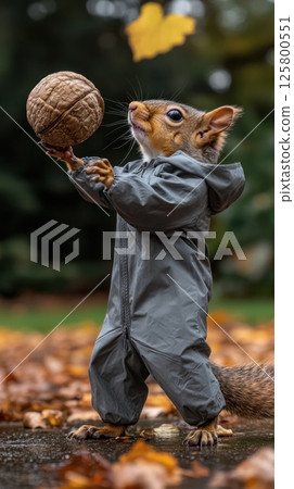 Adorable squirrel in grey overalls playing with a walnut outdoors in autumn. 125800551