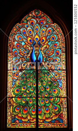 Vibrant peacock stained glass window. 125800552