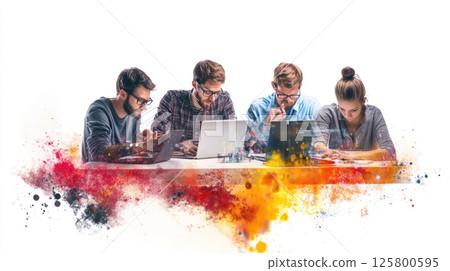 Four young professionals collaborate on laptops, immersed in creative work, depicted with vibrant paint splatter effect. Four young professionals collaborate on laptops, immersed in creative work, depicted with vibrant paint splatter effect. 125800595