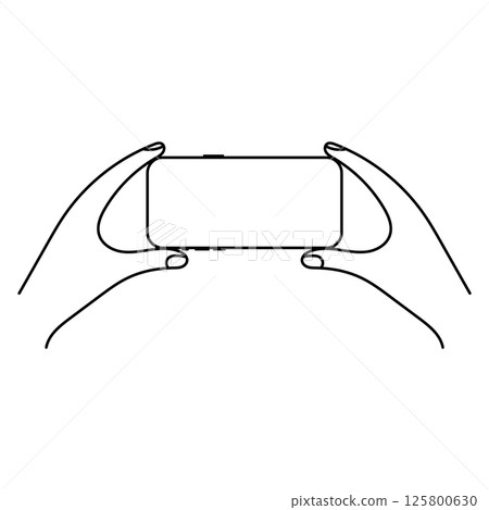 Hands Holding Smartphone Outline Vector Illustration. Black and white vector illustration of two hands holding a smartphone in horizontal (landscape) orientation. Hands Holding Smartphone Outline Vector Illustration. Black and white vector illustration of two hands holding a smartphone in horizontal (landscape) orientation. 125800630