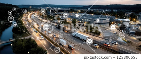 Vibrant urban landscape at night featuring internet network connections illustrating advanced technology in a smart city environment 125800655