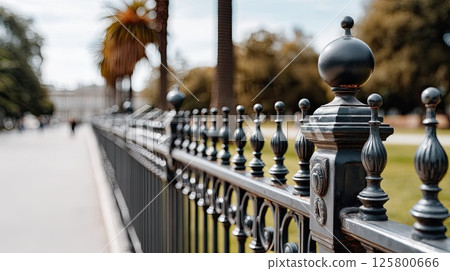 A close-up of a decorative black fence showcases its design, framed by palm trees and green grass for a serene vibe 125800666