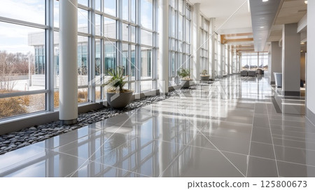 Bright and airy modern interior showcases a gray tile floor with pebble stone border and large glass windows, creating a serene atmosphere 125800673