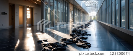 Bright and airy modern interior showcases a gray tile floor with pebble stone border and large glass windows, creating a serene atmosphere 125800674