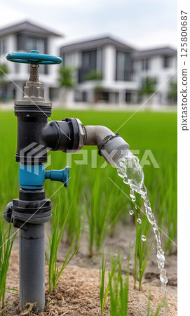 Water is pumped from a pipe to irrigate rice plants in a vibrant, green field during a sunny day 125800687