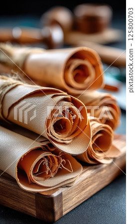 Rich brown leather rolls are arranged on a workshop table within a spacious factory, highlighting the craftsmanship and design 125800703