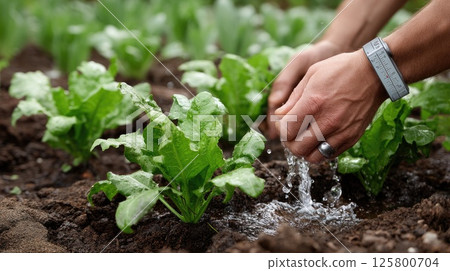 A hand holds a meter to measure moisture in rows of growing vegetables on sunny farmland 125800704