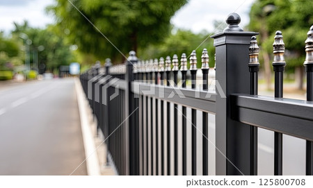 Close-up view of a black iron fence showcasing decorative elements against a blurred autumn background of homes and trees 125800708