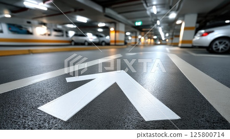 An empty underground parking lot features stark white arrows and advertising screens amidst concrete walls in low light conditions 125800714