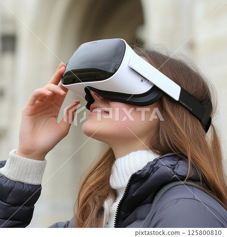 Young woman using VR headset outdoors. 125800810