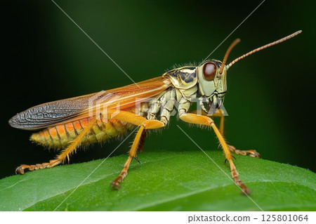 Close up of a colorful grasshopper on leaf 125801064